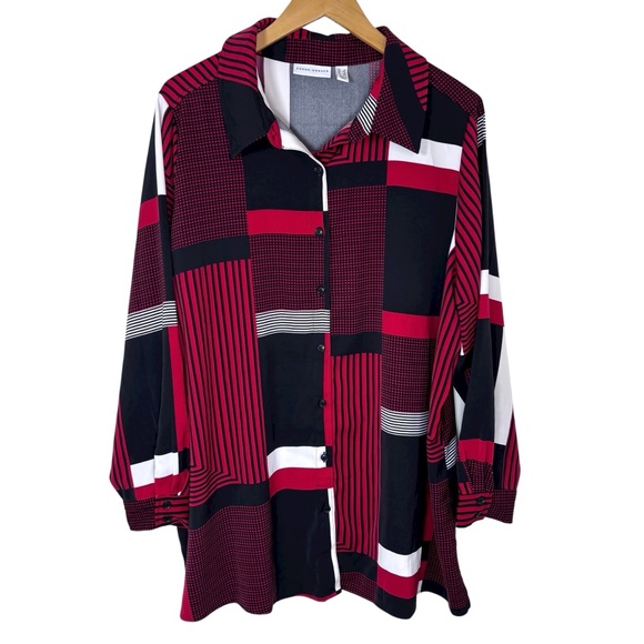 Susan Graver Geometric Button Blouse Red Black 1X - Picture 1 of 9